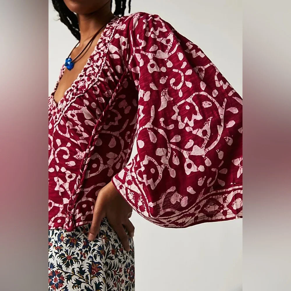 NWT Free People On the block Floral Red Top Shirt Women’s Medium